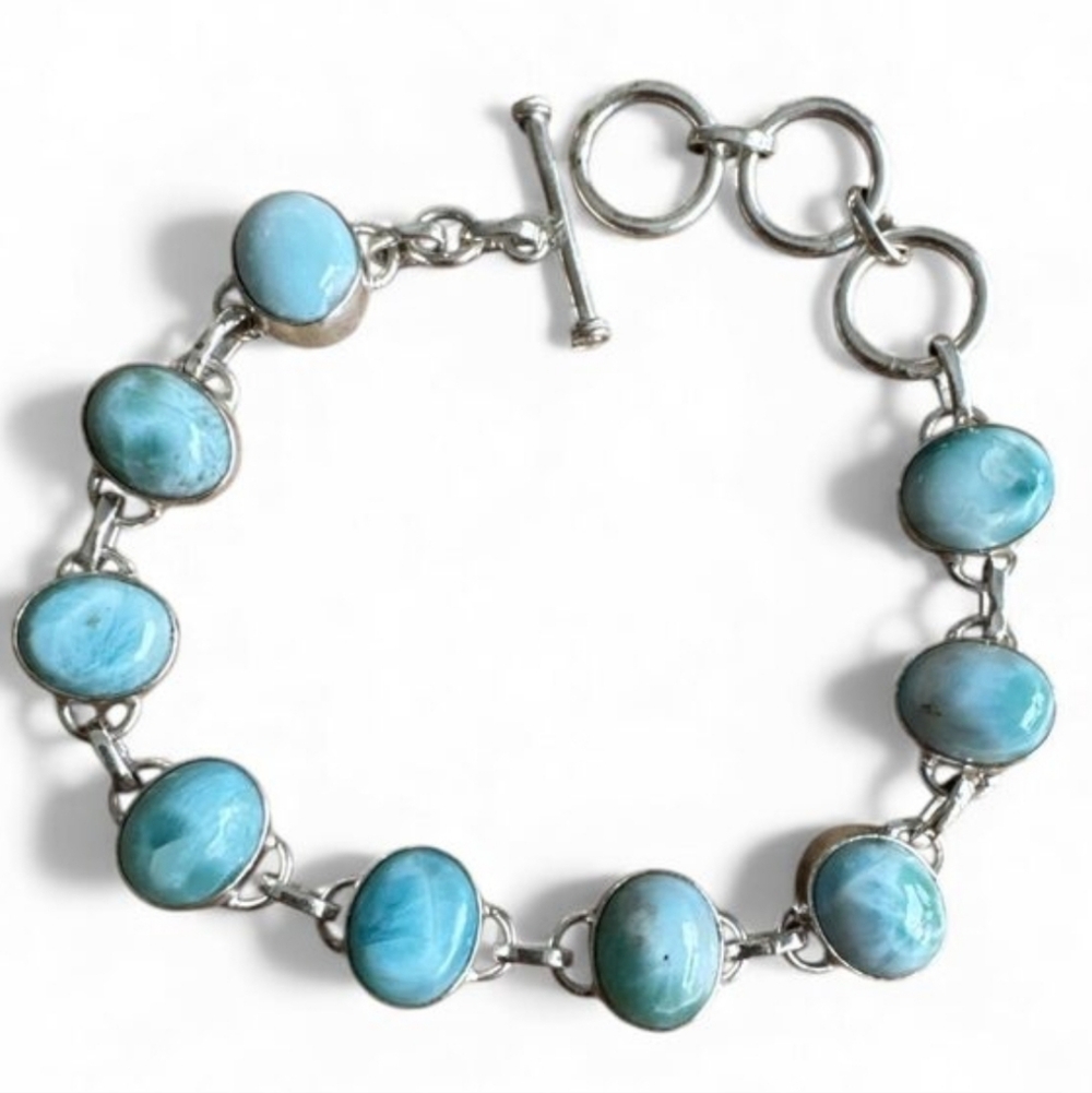 S925 & Larimar oval stone cabachon & solid sterling silver bracelet - NEW!
